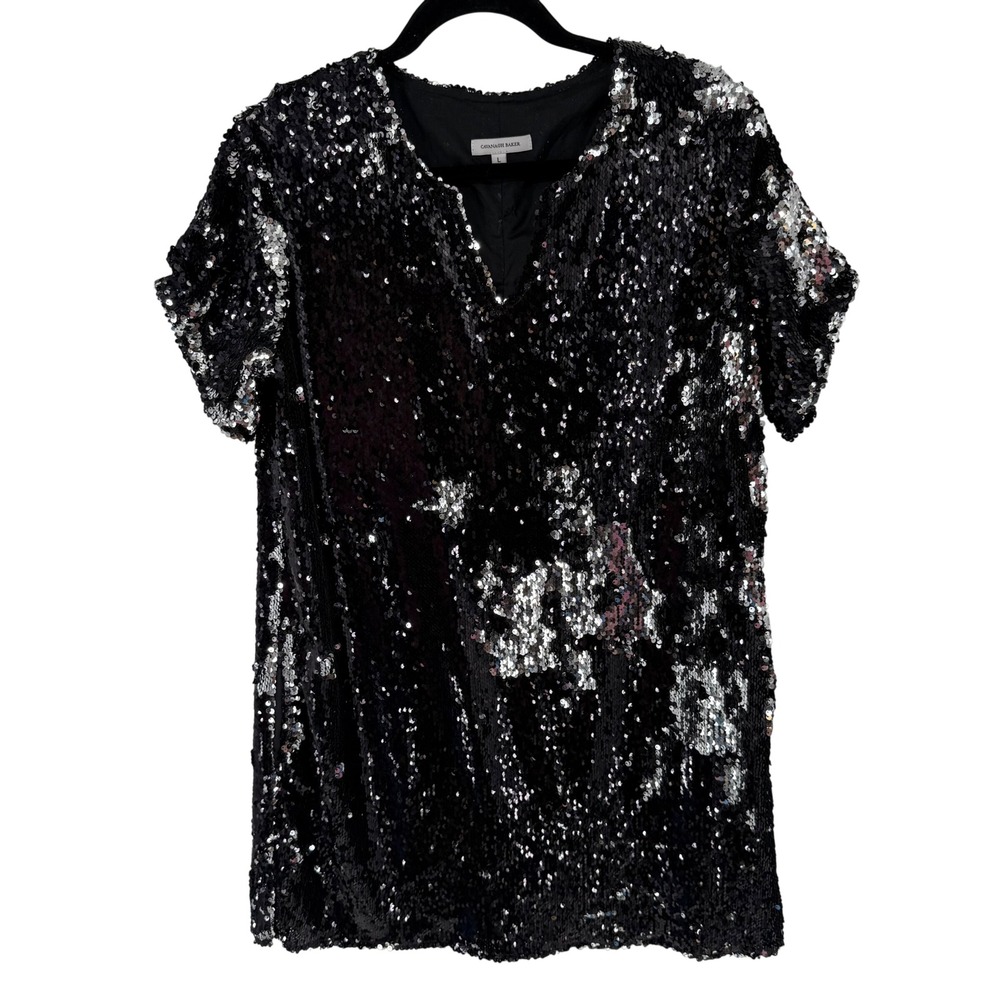Cavanagh Baker Sequin Dress Womens L Black V-Neck Short Sleeve Luxury Designer